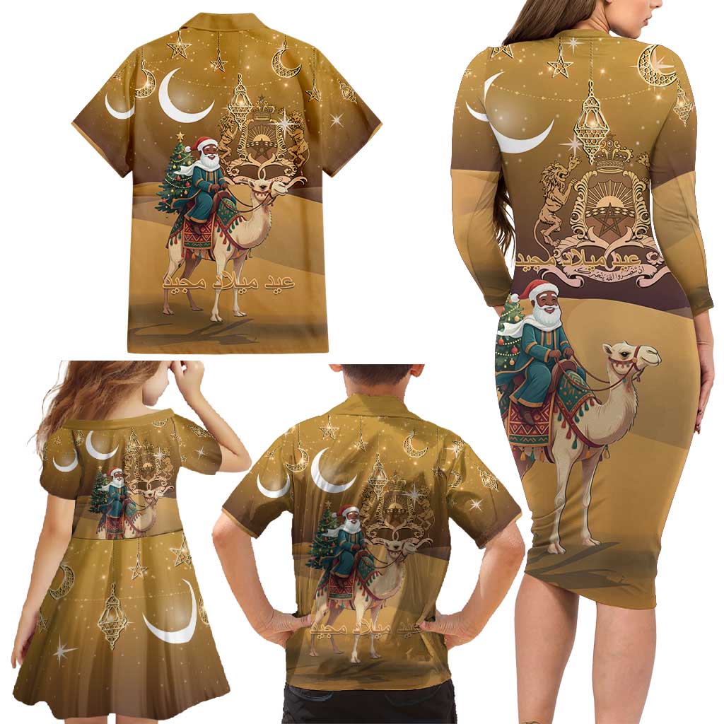 Morocco Christmas in Sahara Family Matching Long Sleeve Bodycon Dress and Hawaiian Shirt Black Santa Riding Camel - Wonder Print Shop