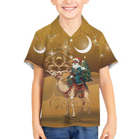 Morocco Christmas in Sahara Family Matching Long Sleeve Bodycon Dress and Hawaiian Shirt Black Santa Riding Camel - Wonder Print Shop