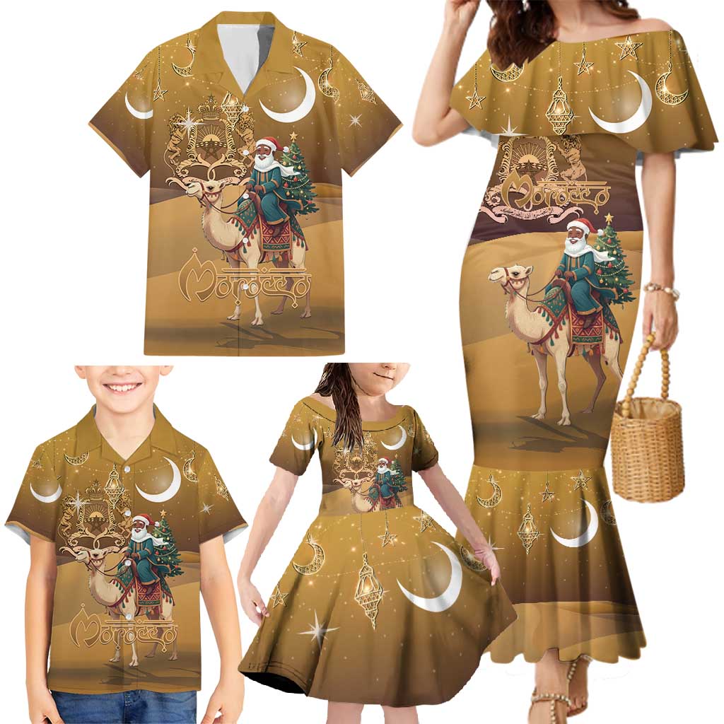 Morocco Christmas in Sahara Family Matching Mermaid Dress and Hawaiian Shirt Black Santa Riding Camel - Wonder Print Shop