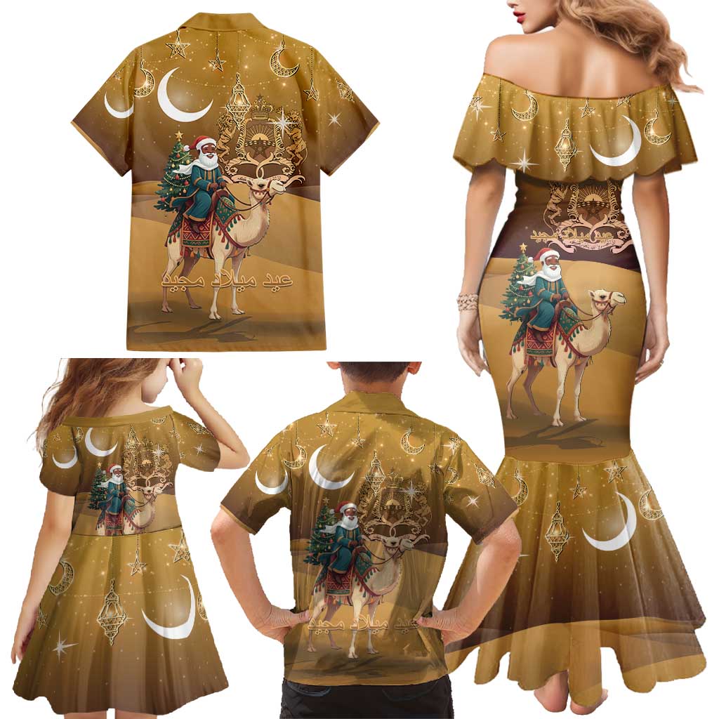 Morocco Christmas in Sahara Family Matching Mermaid Dress and Hawaiian Shirt Black Santa Riding Camel - Wonder Print Shop