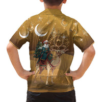 Morocco Christmas in Sahara Family Matching Off The Shoulder Long Sleeve Dress and Hawaiian Shirt Black Santa Riding Camel - Wonder Print Shop