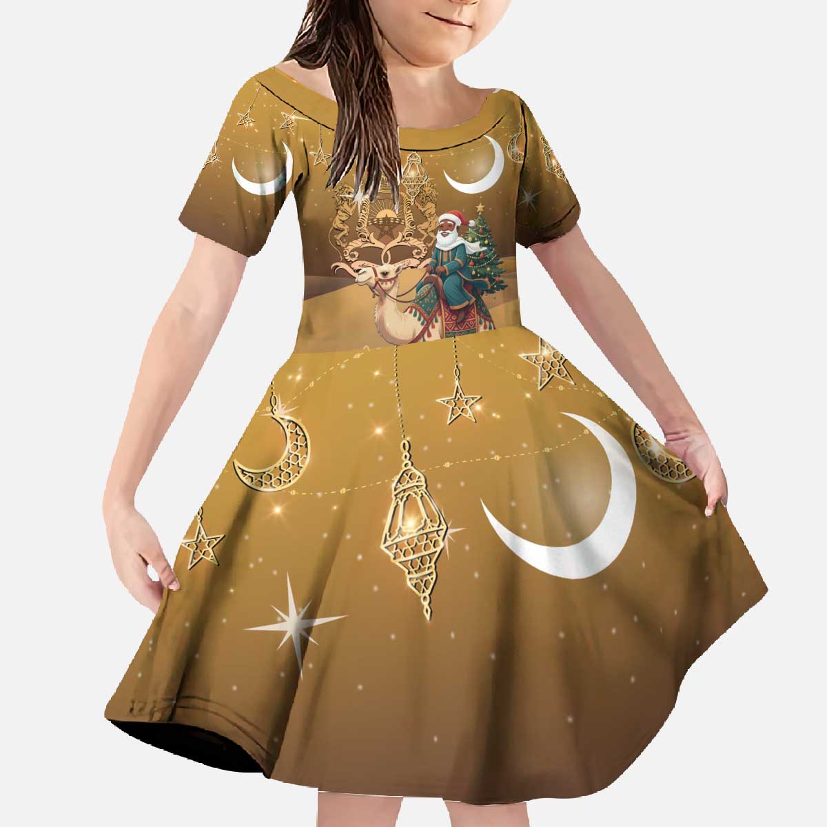 Morocco Christmas in Sahara Family Matching Off The Shoulder Long Sleeve Dress and Hawaiian Shirt Black Santa Riding Camel - Wonder Print Shop