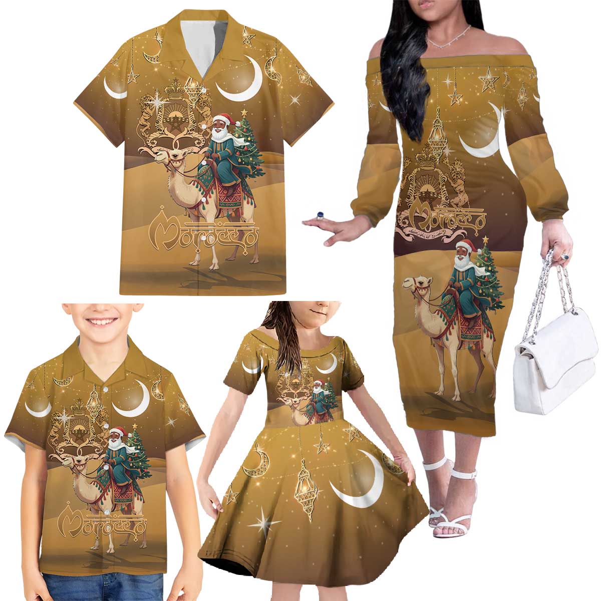 Morocco Christmas in Sahara Family Matching Off The Shoulder Long Sleeve Dress and Hawaiian Shirt Black Santa Riding Camel - Wonder Print Shop