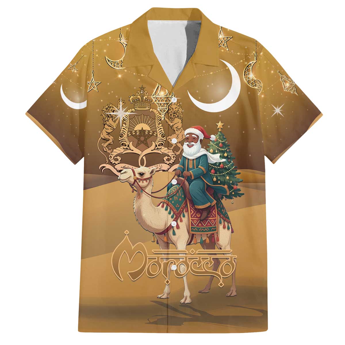 Morocco Christmas in Sahara Family Matching Off The Shoulder Long Sleeve Dress and Hawaiian Shirt Black Santa Riding Camel - Wonder Print Shop