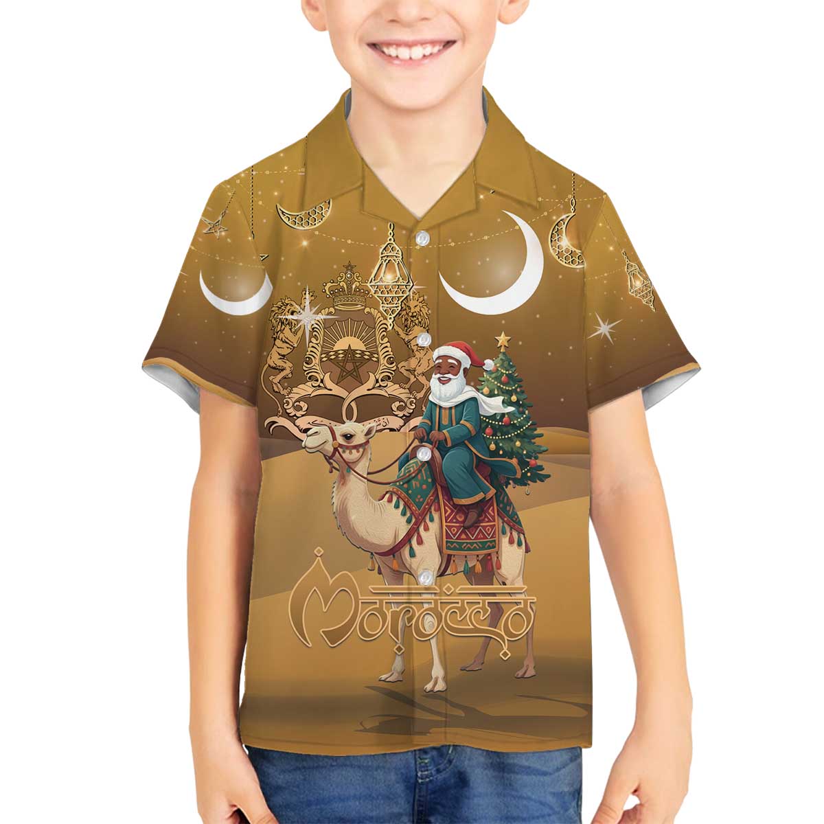 Morocco Christmas in Sahara Family Matching Off The Shoulder Long Sleeve Dress and Hawaiian Shirt Black Santa Riding Camel - Wonder Print Shop