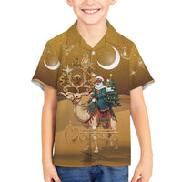 Morocco Christmas in Sahara Family Matching Off The Shoulder Long Sleeve Dress and Hawaiian Shirt Black Santa Riding Camel - Wonder Print Shop
