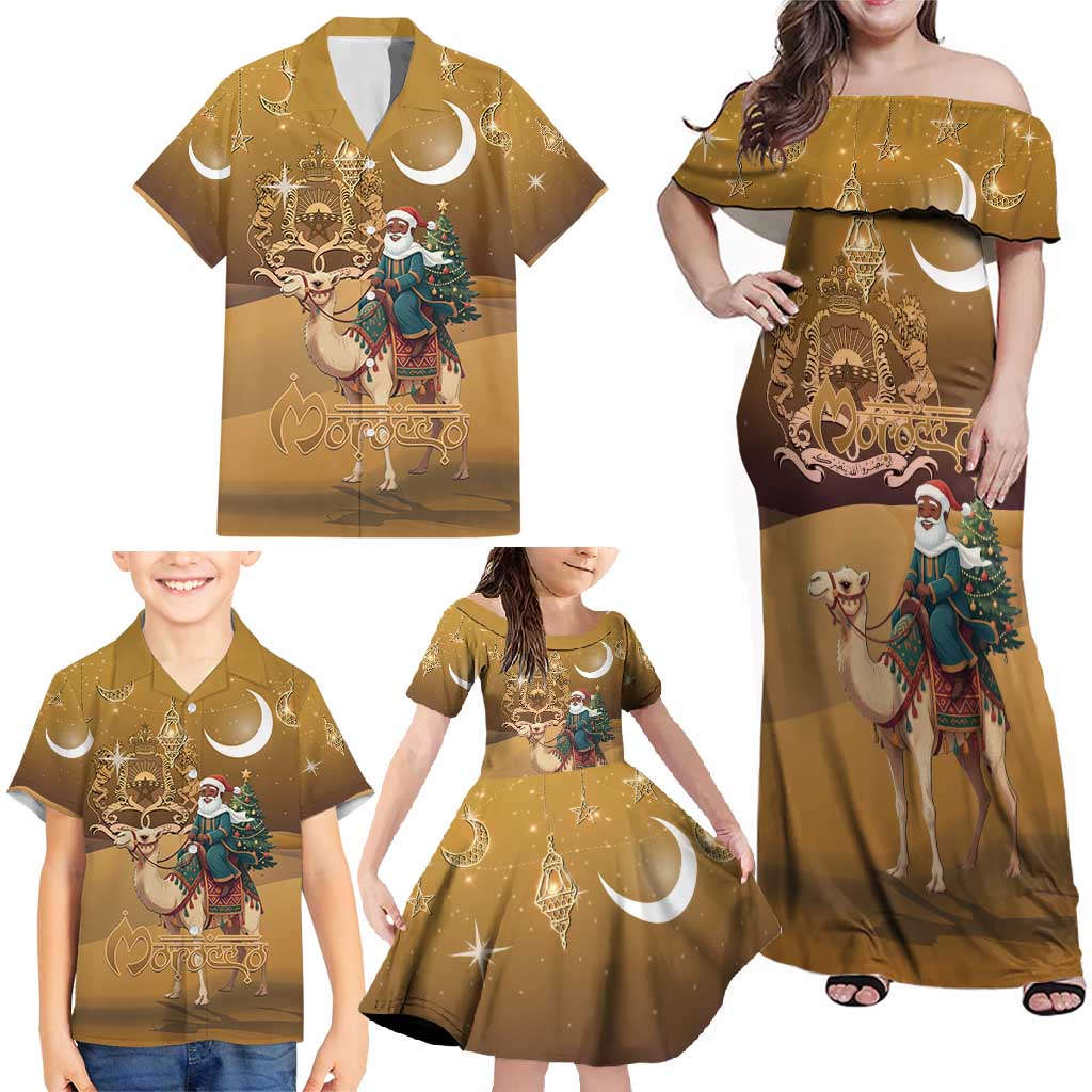 Morocco Christmas in Sahara Family Matching Off Shoulder Maxi Dress and Hawaiian Shirt Black Santa Riding Camel - Wonder Print Shop