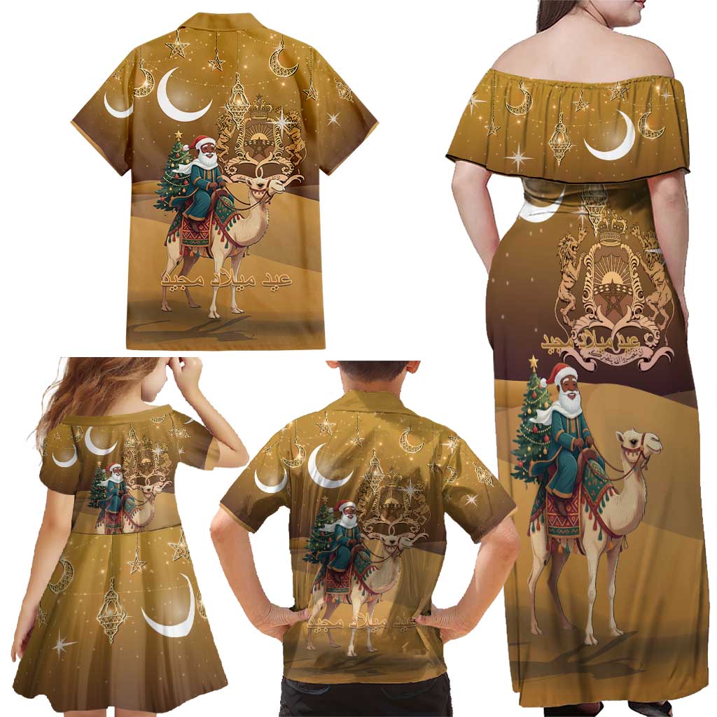 Morocco Christmas in Sahara Family Matching Off Shoulder Maxi Dress and Hawaiian Shirt Black Santa Riding Camel - Wonder Print Shop