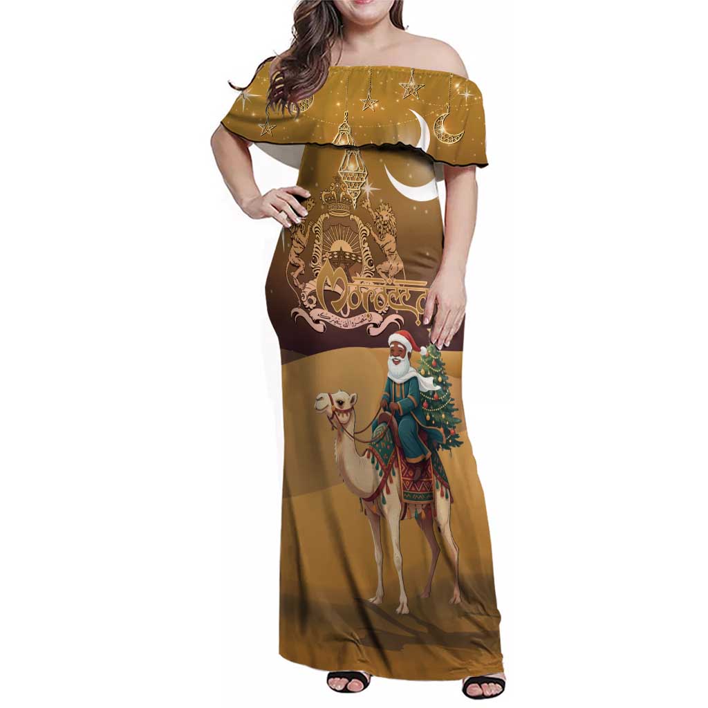 Morocco Christmas in Sahara Family Matching Off Shoulder Maxi Dress and Hawaiian Shirt Black Santa Riding Camel - Wonder Print Shop