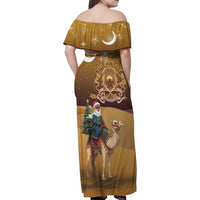Morocco Christmas in Sahara Family Matching Off Shoulder Maxi Dress and Hawaiian Shirt Black Santa Riding Camel - Wonder Print Shop