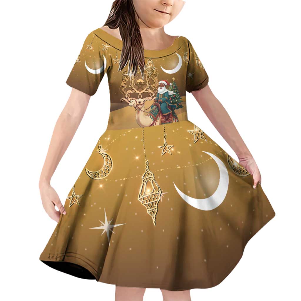 Morocco Christmas in Sahara Family Matching Off Shoulder Short Dress and Hawaiian Shirt Black Santa Riding Camel - Wonder Print Shop
