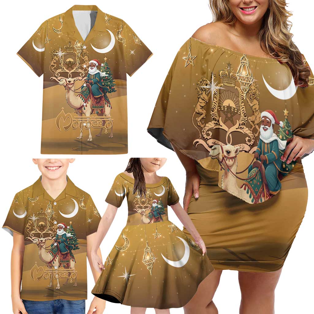 Morocco Christmas in Sahara Family Matching Off Shoulder Short Dress and Hawaiian Shirt Black Santa Riding Camel - Wonder Print Shop