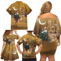 Morocco Christmas in Sahara Family Matching Off Shoulder Short Dress and Hawaiian Shirt Black Santa Riding Camel - Wonder Print Shop