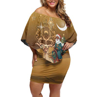 Morocco Christmas in Sahara Family Matching Off Shoulder Short Dress and Hawaiian Shirt Black Santa Riding Camel - Wonder Print Shop