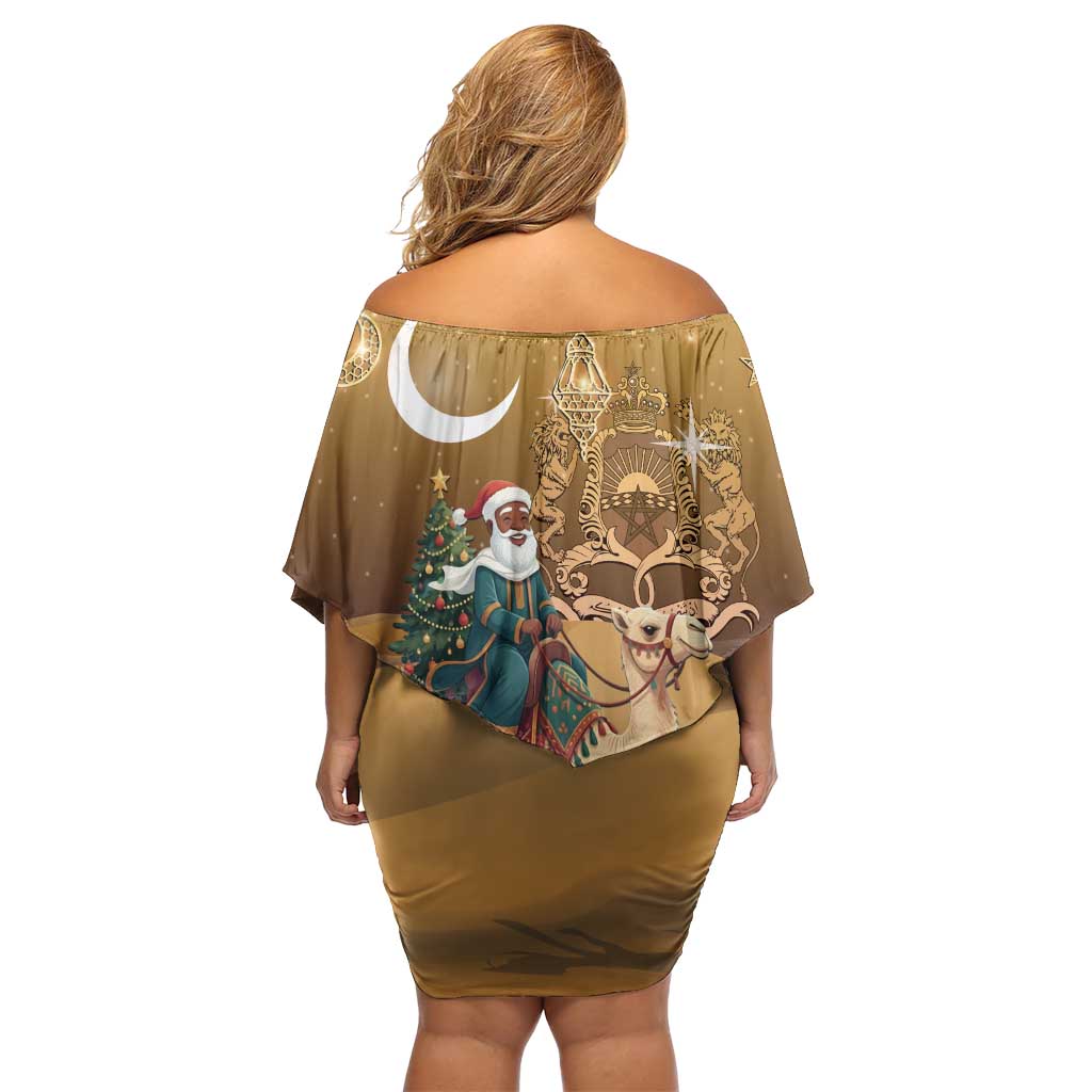 Morocco Christmas in Sahara Family Matching Off Shoulder Short Dress and Hawaiian Shirt Black Santa Riding Camel - Wonder Print Shop