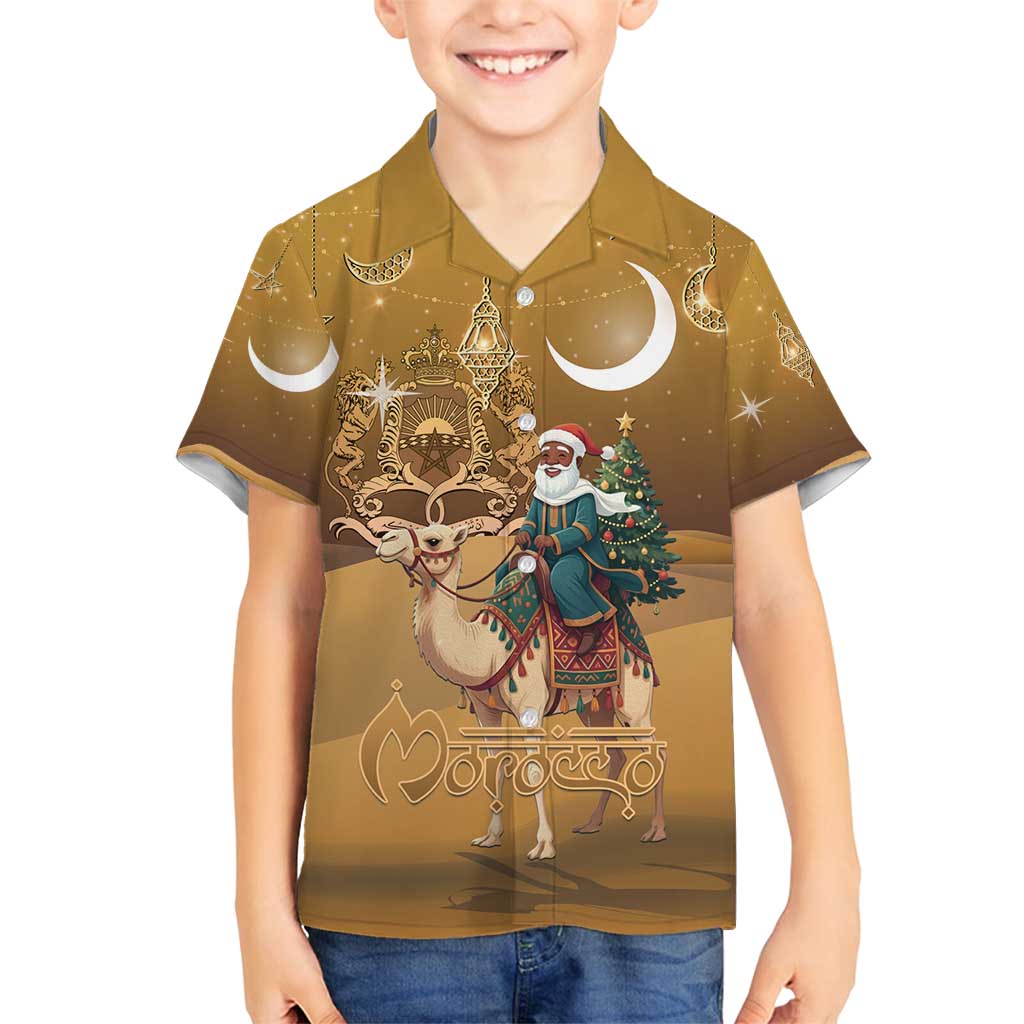 Morocco Christmas in Sahara Family Matching Off Shoulder Short Dress and Hawaiian Shirt Black Santa Riding Camel - Wonder Print Shop