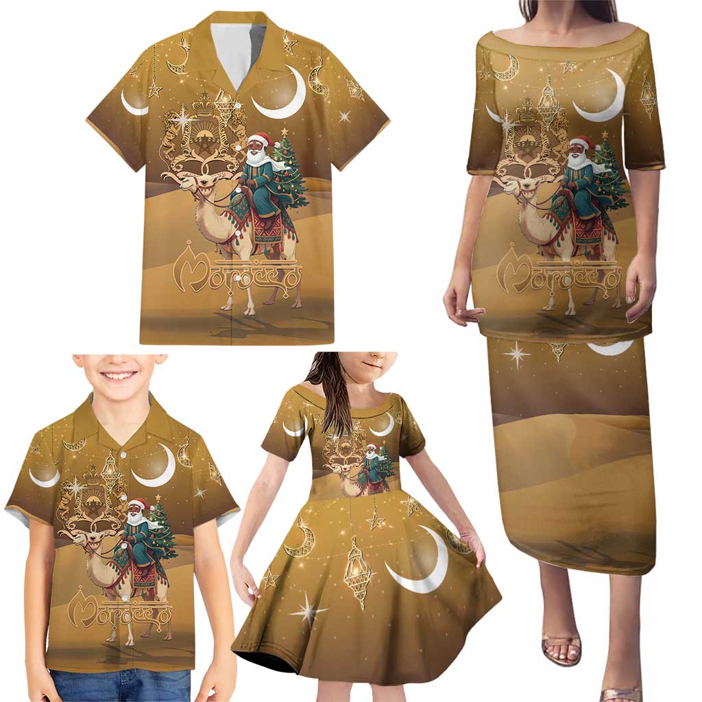 Morocco Christmas in Sahara Family Matching Puletasi and Hawaiian Shirt Black Santa Riding Camel - Wonder Print Shop