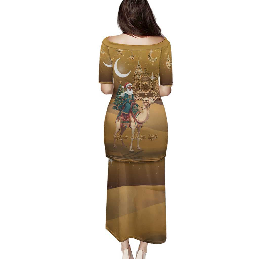 Morocco Christmas in Sahara Family Matching Puletasi and Hawaiian Shirt Black Santa Riding Camel - Wonder Print Shop