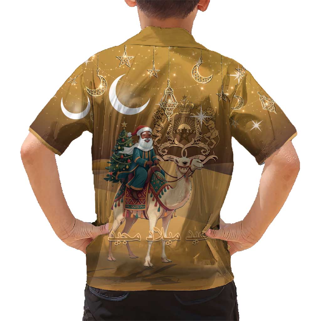 Morocco Christmas in Sahara Family Matching Short Sleeve Bodycon Dress and Hawaiian Shirt Black Santa Riding Camel - Wonder Print Shop