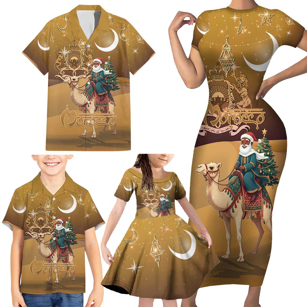 Morocco Christmas in Sahara Family Matching Short Sleeve Bodycon Dress and Hawaiian Shirt Black Santa Riding Camel - Wonder Print Shop