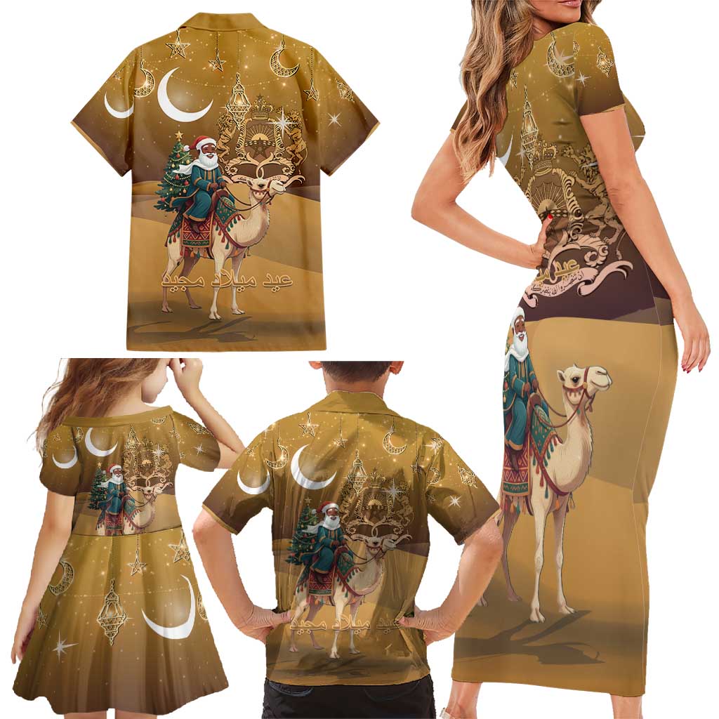 Morocco Christmas in Sahara Family Matching Short Sleeve Bodycon Dress and Hawaiian Shirt Black Santa Riding Camel - Wonder Print Shop
