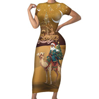 Morocco Christmas in Sahara Family Matching Short Sleeve Bodycon Dress and Hawaiian Shirt Black Santa Riding Camel - Wonder Print Shop