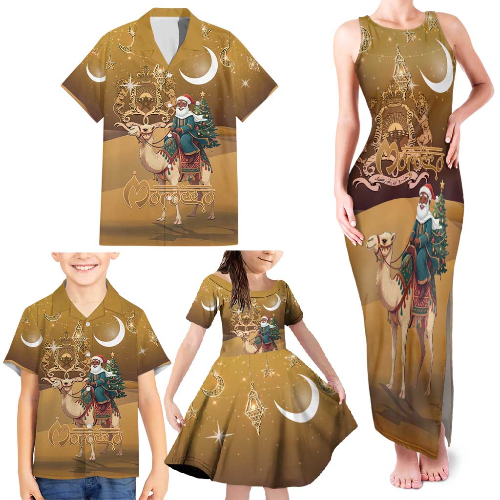 Morocco Christmas in Sahara Family Matching Tank Maxi Dress and Hawaiian Shirt Black Santa Riding Camel - Wonder Print Shop