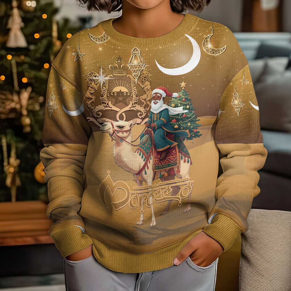 Morocco Christmas in Sahara Kid Ugly Christmas Sweater Black Santa Riding Camel - Wonder Print Shop