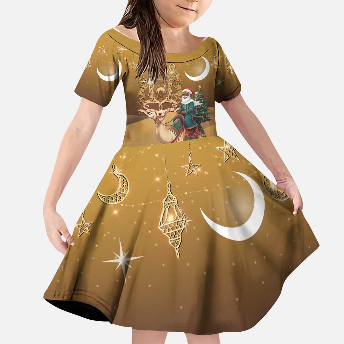 Morocco Christmas in Sahara Kid Short Sleeve Dress Black Santa Riding Camel - Wonder Print Shop