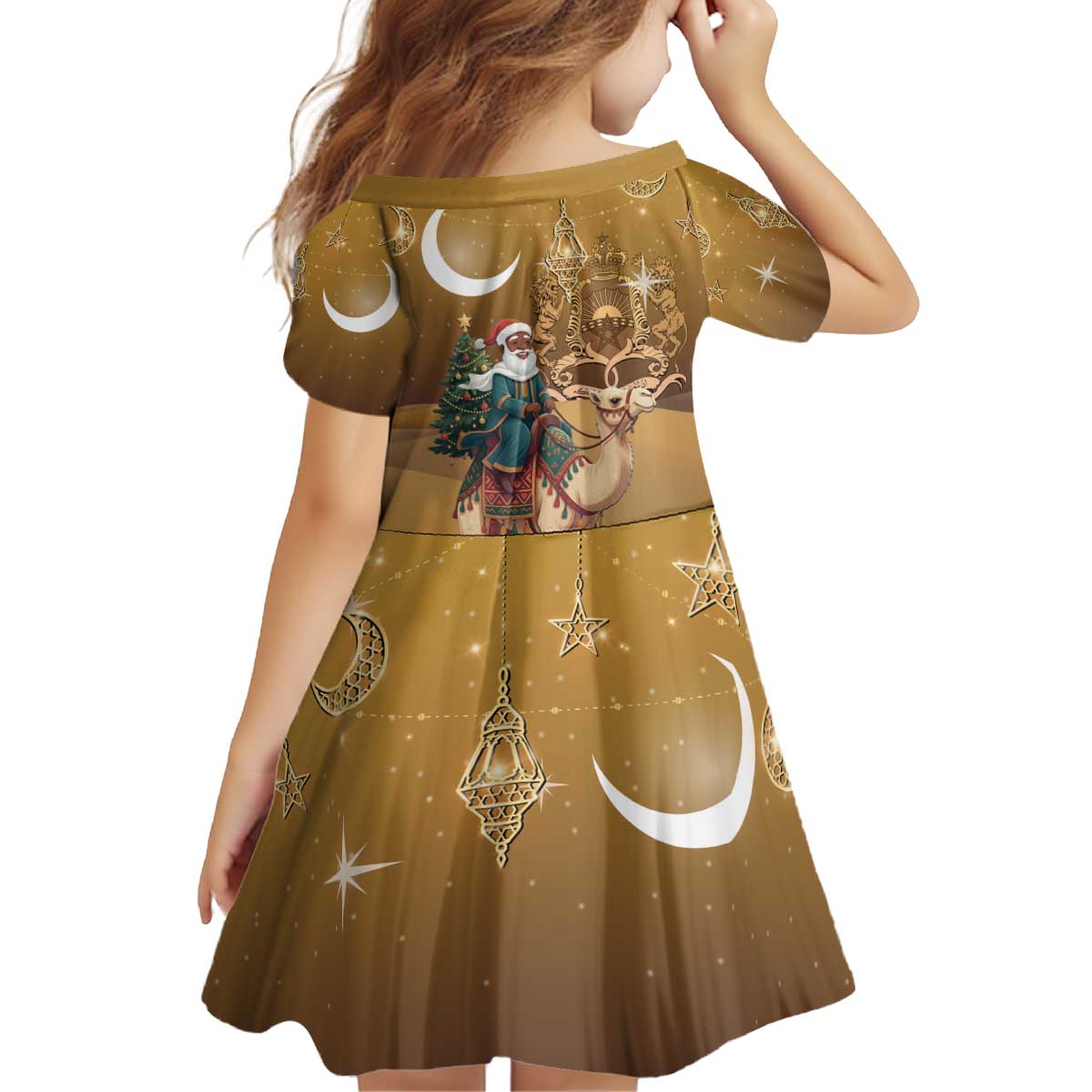 Morocco Christmas in Sahara Kid Short Sleeve Dress Black Santa Riding Camel - Wonder Print Shop
