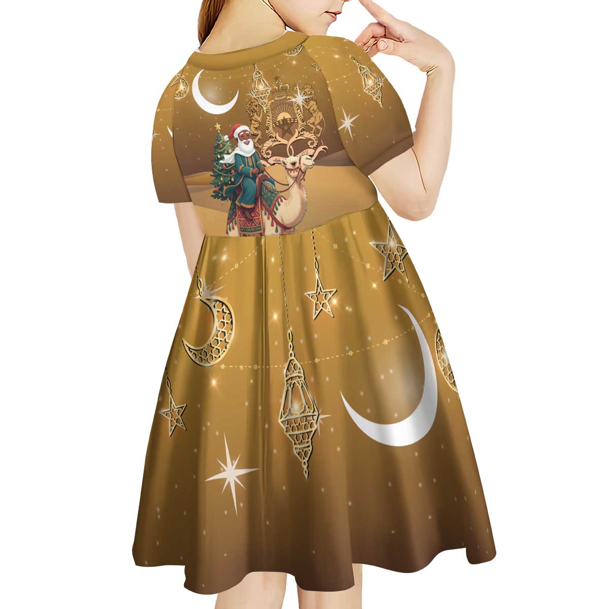 Morocco Christmas in Sahara Kid Short Sleeve Dress Black Santa Riding Camel - Wonder Print Shop