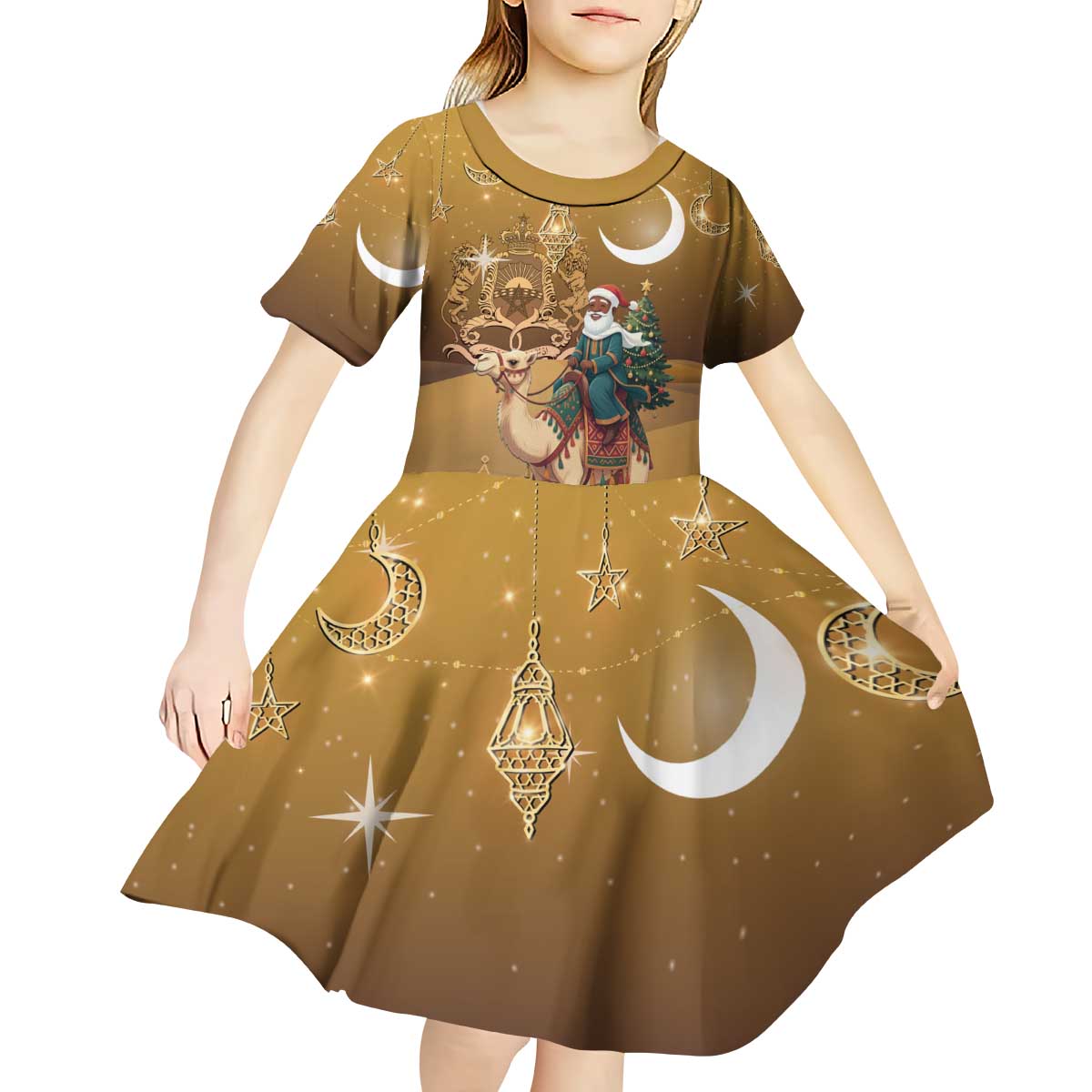 Morocco Christmas in Sahara Kid Short Sleeve Dress Black Santa Riding Camel - Wonder Print Shop