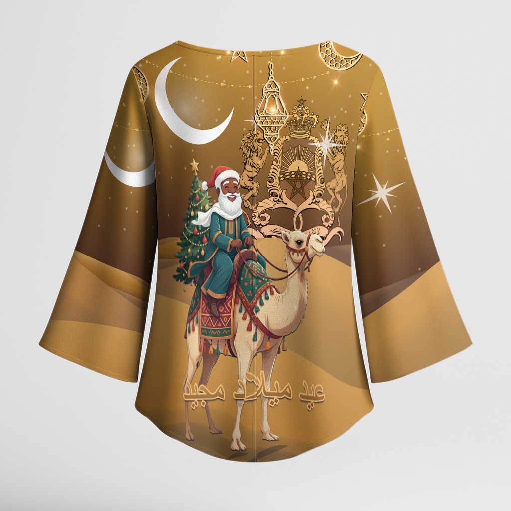 Morocco Christmas in Sahara Kimono Sleeve Blouse Black Santa Riding Camel - Wonder Print Shop