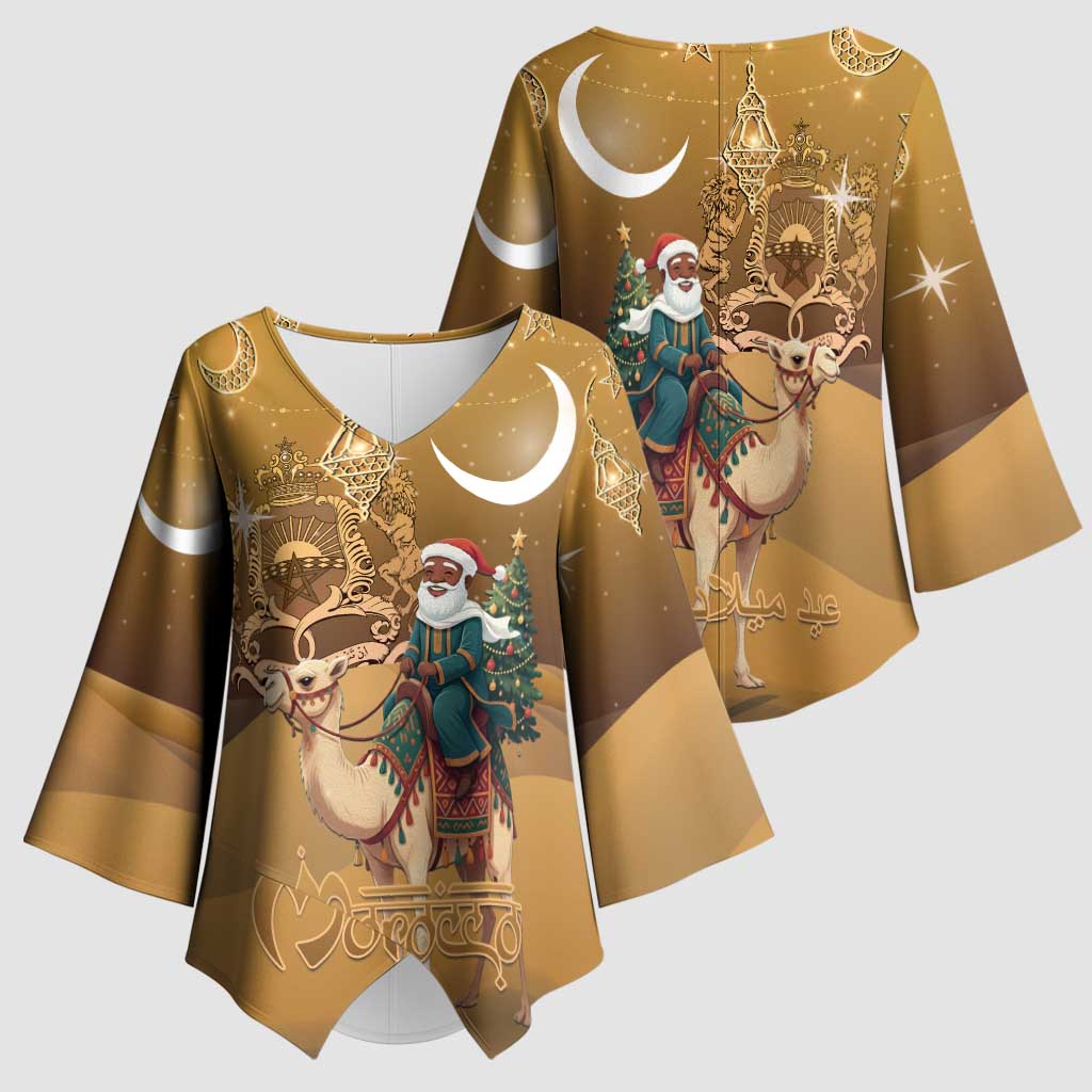 Morocco Christmas in Sahara Kimono Sleeve Blouse Black Santa Riding Camel - Wonder Print Shop