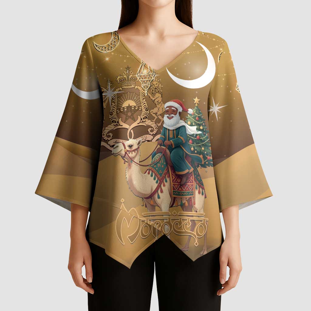 Morocco Christmas in Sahara Kimono Sleeve Blouse Black Santa Riding Camel - Wonder Print Shop