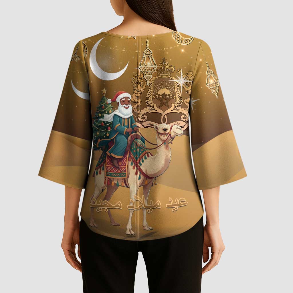 Morocco Christmas in Sahara Kimono Sleeve Blouse Black Santa Riding Camel - Wonder Print Shop