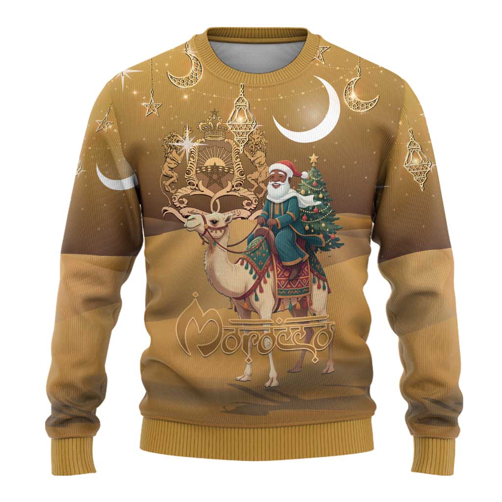 Morocco Christmas in Sahara Ugly Christmas Sweater Black Santa Riding Camel - Wonder Print Shop