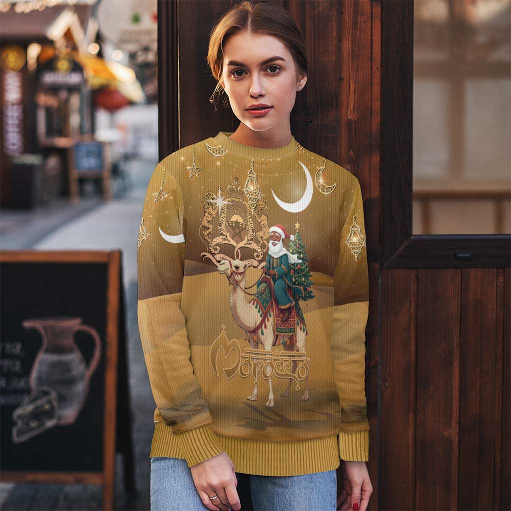 Morocco Christmas in Sahara Ugly Christmas Sweater Black Santa Riding Camel - Wonder Print Shop