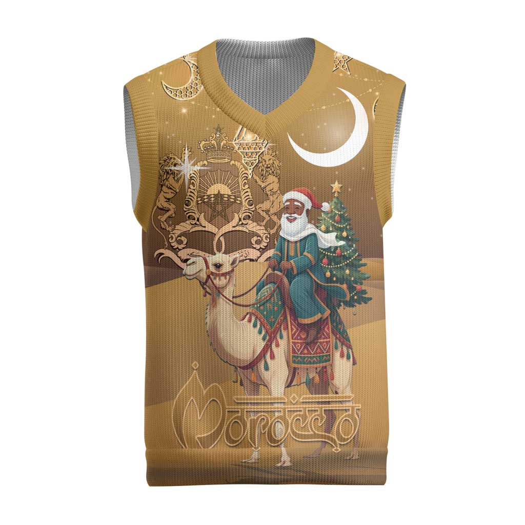 Morocco Christmas in Sahara Christmas Knitted V-Neck Vest Black Santa Riding Camel - Wonder Print Shop