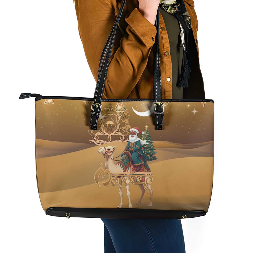 Morocco Christmas in Sahara Leather Tote Bag Black Santa Riding Camel - Wonder Print Shop