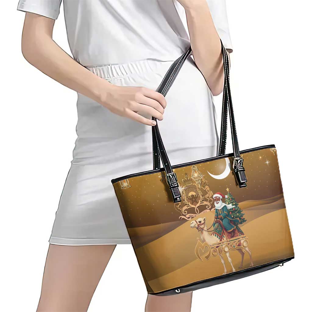 Morocco Christmas in Sahara Leather Tote Bag Black Santa Riding Camel - Wonder Print Shop