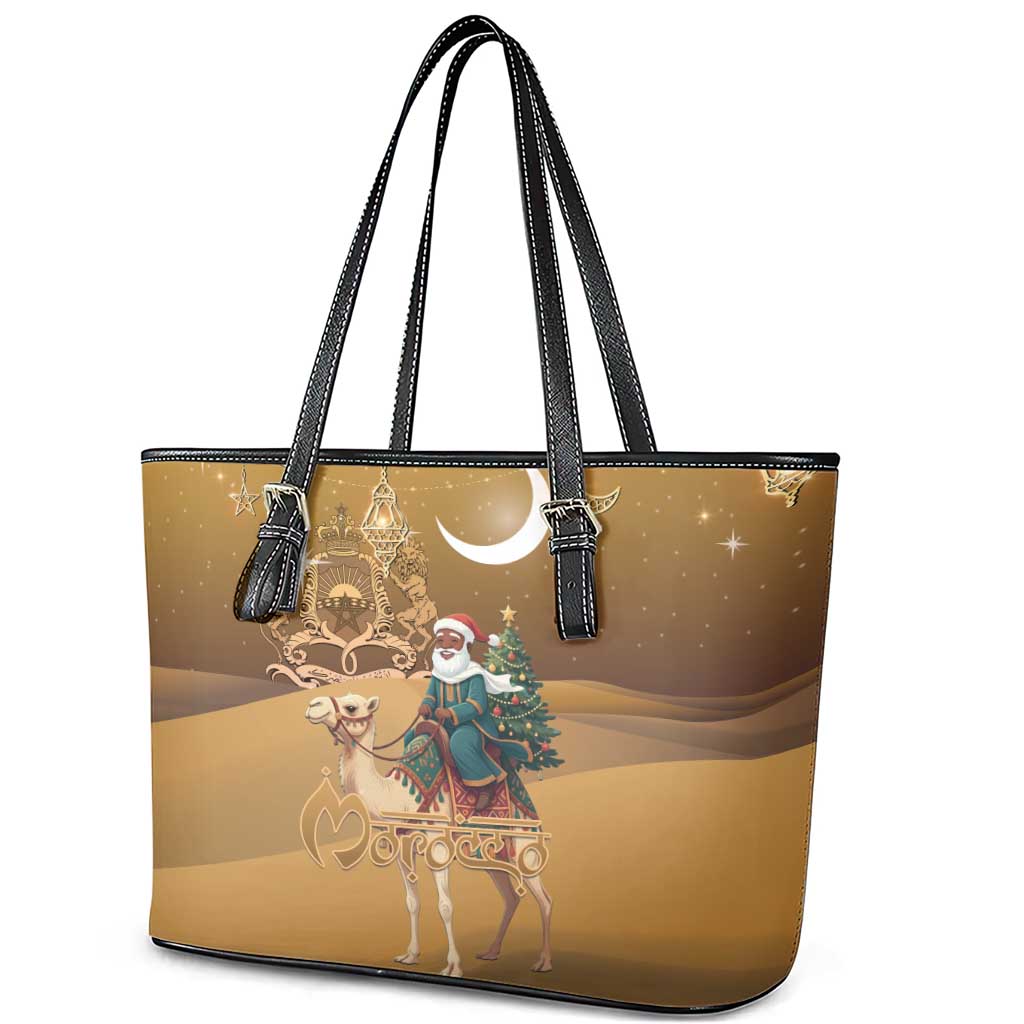 Morocco Christmas in Sahara Leather Tote Bag Black Santa Riding Camel - Wonder Print Shop