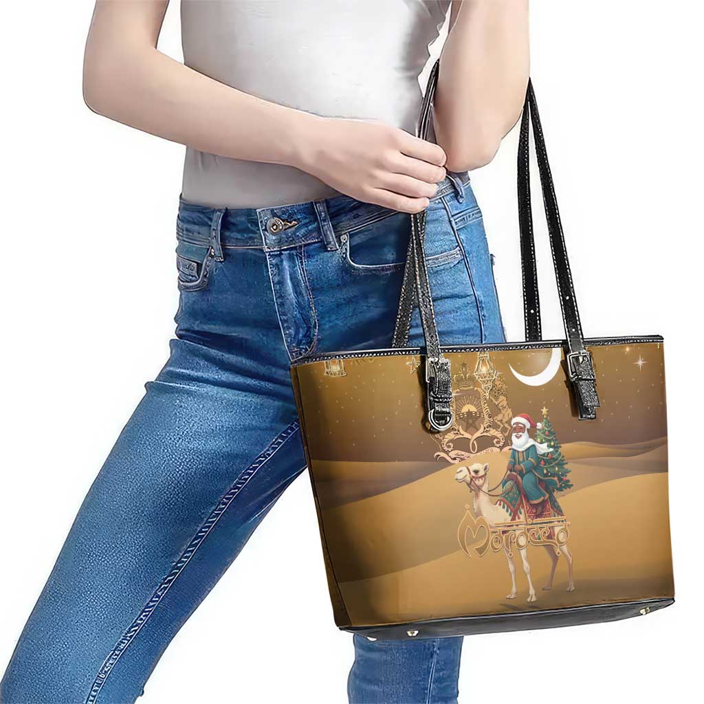 Morocco Christmas in Sahara Leather Tote Bag Black Santa Riding Camel - Wonder Print Shop