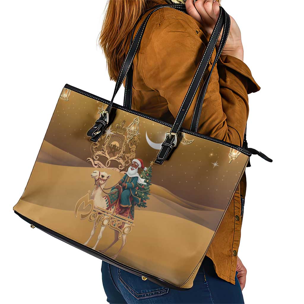 Morocco Christmas in Sahara Leather Tote Bag Black Santa Riding Camel - Wonder Print Shop