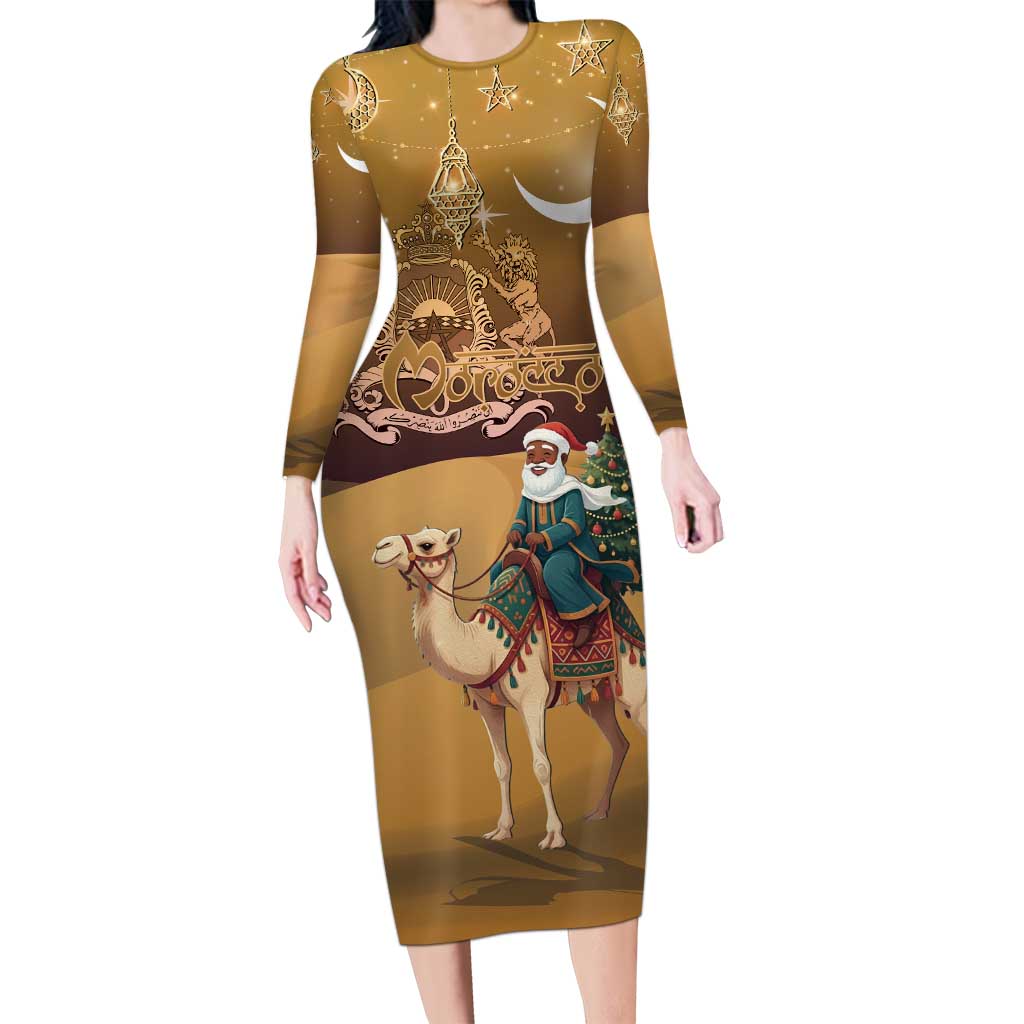 Morocco Christmas in Sahara Long Sleeve Bodycon Dress Black Santa Riding Camel - Wonder Print Shop
