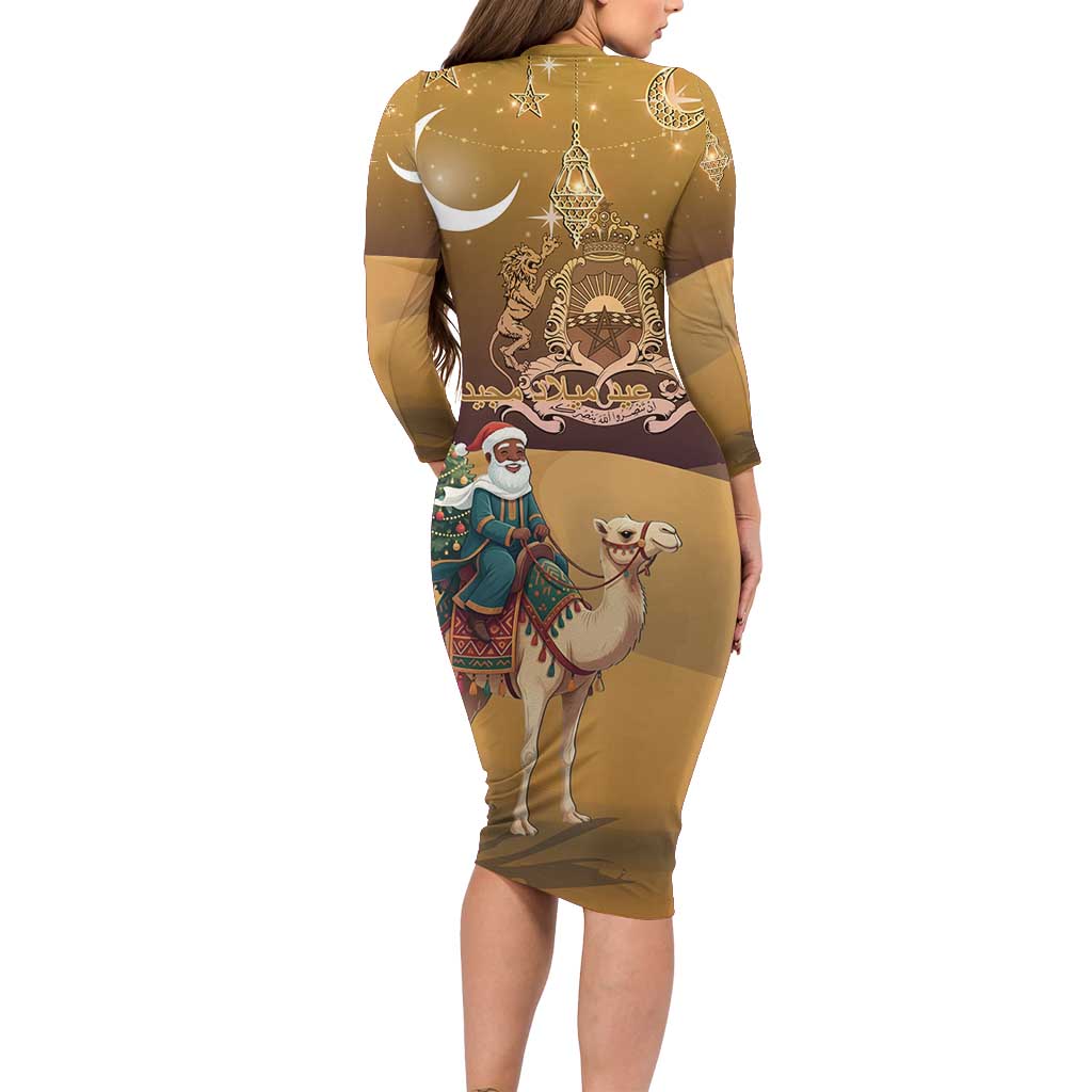 Morocco Christmas in Sahara Long Sleeve Bodycon Dress Black Santa Riding Camel - Wonder Print Shop
