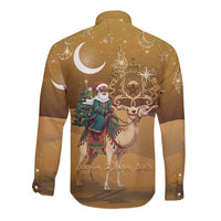 Morocco Christmas in Sahara Long Sleeve Button Shirt Black Santa Riding Camel - Wonder Print Shop