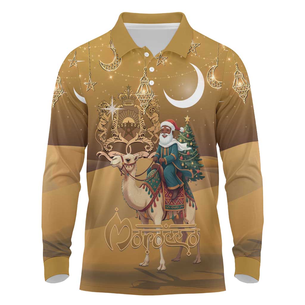 Morocco Christmas in Sahara Long Sleeve Polo Shirt Black Santa Riding Camel - Wonder Print Shop