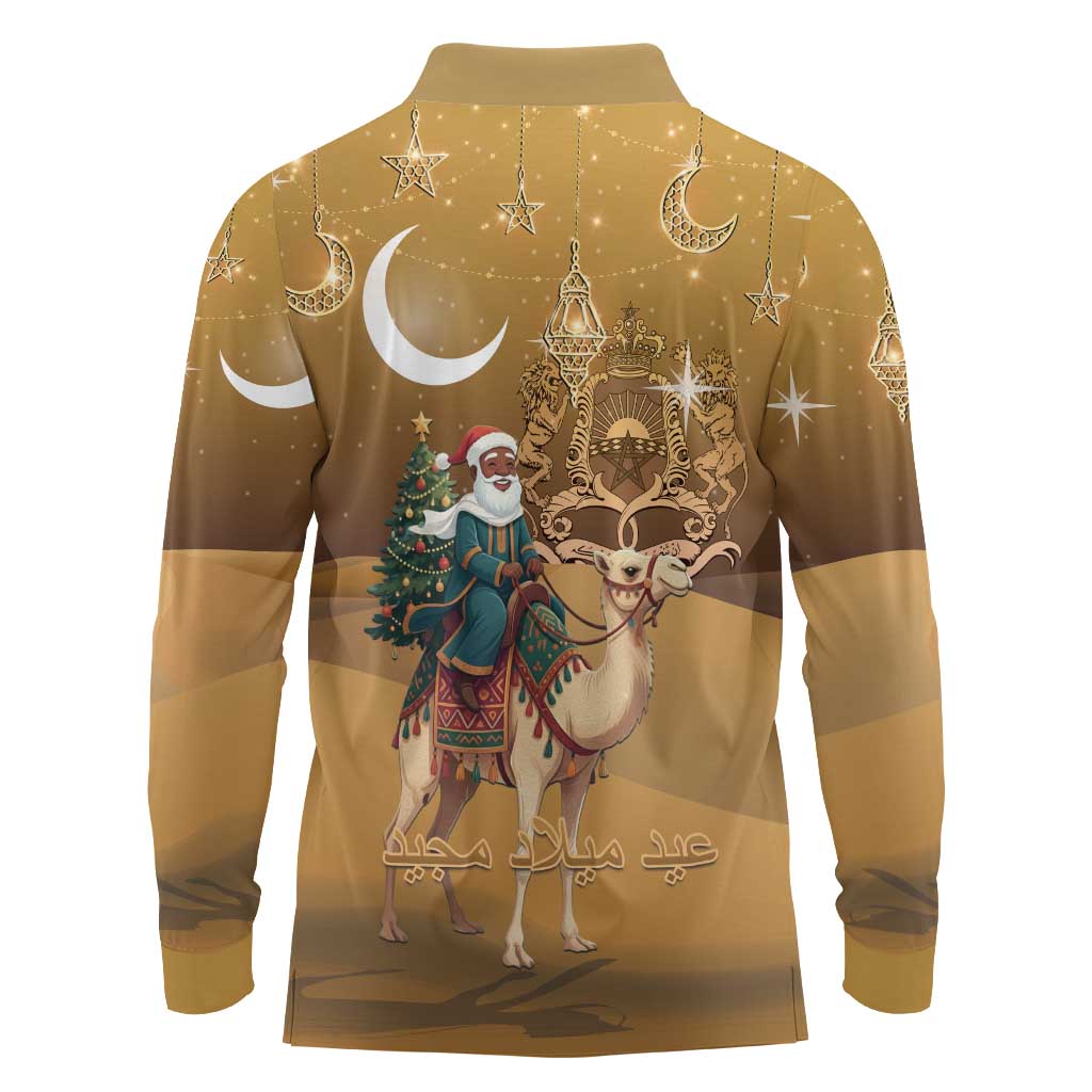 Morocco Christmas in Sahara Long Sleeve Polo Shirt Black Santa Riding Camel - Wonder Print Shop