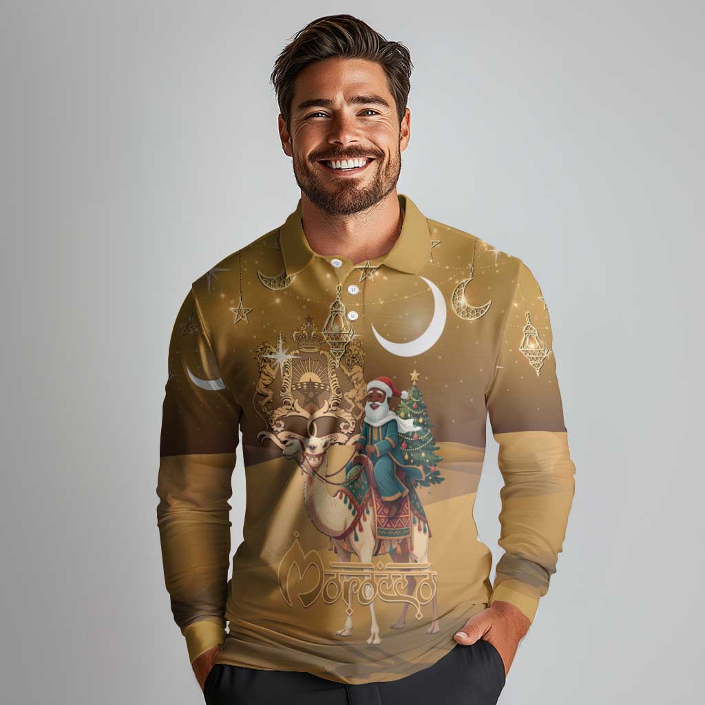 Morocco Christmas in Sahara Long Sleeve Polo Shirt Black Santa Riding Camel - Wonder Print Shop